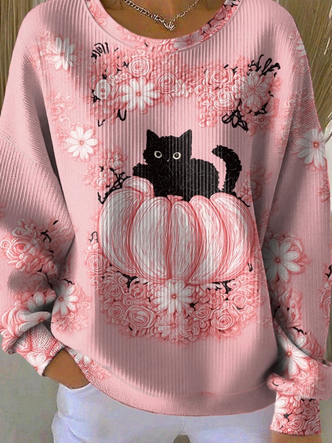 Women's Casual Cat Pumpkin Floral Print Long Sleeve Knit Top