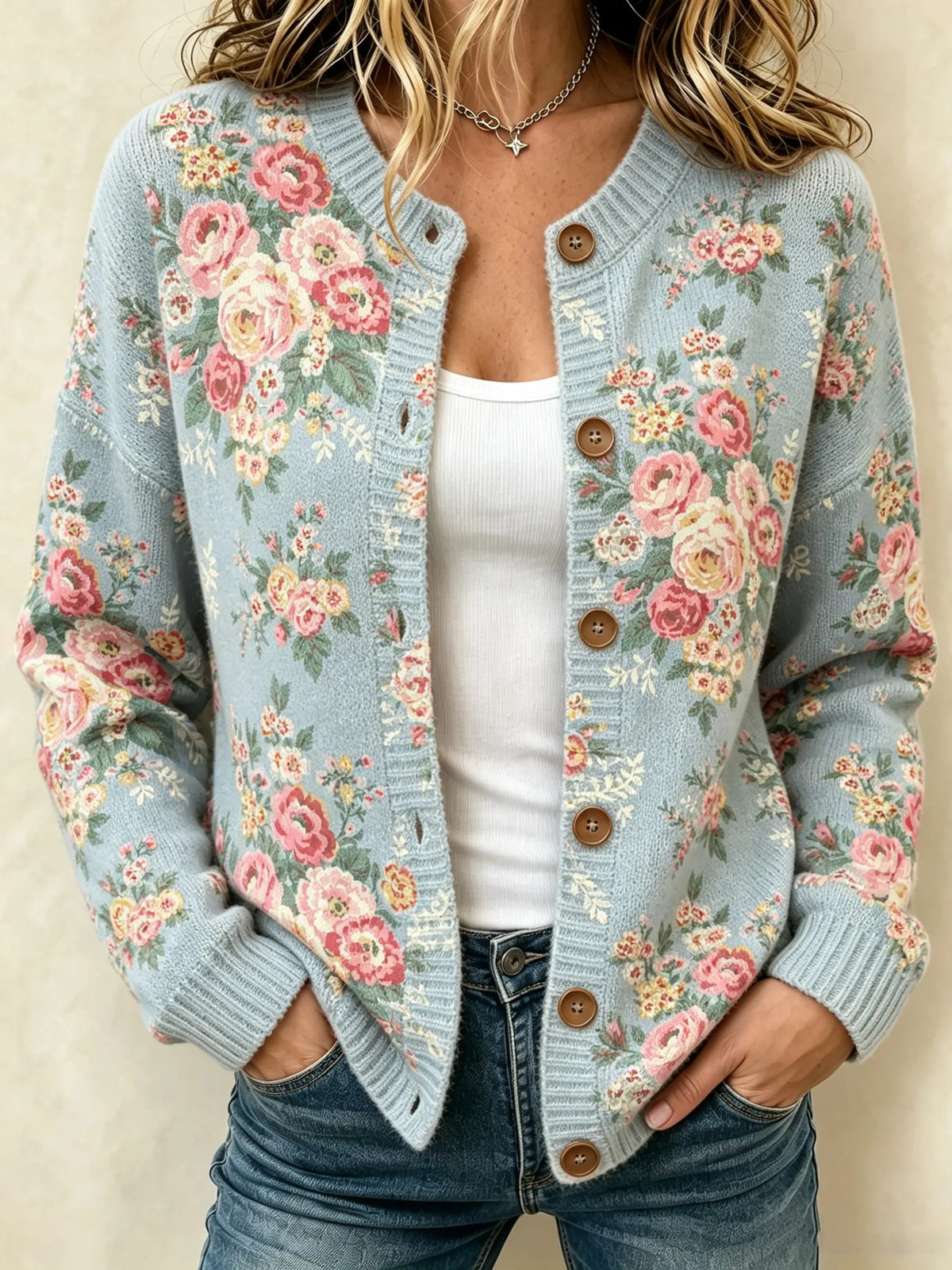 Women's Retro Floral Art Knit Button Cardigan