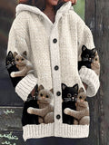 Women's Casual Cat Print Hooded Cardigan