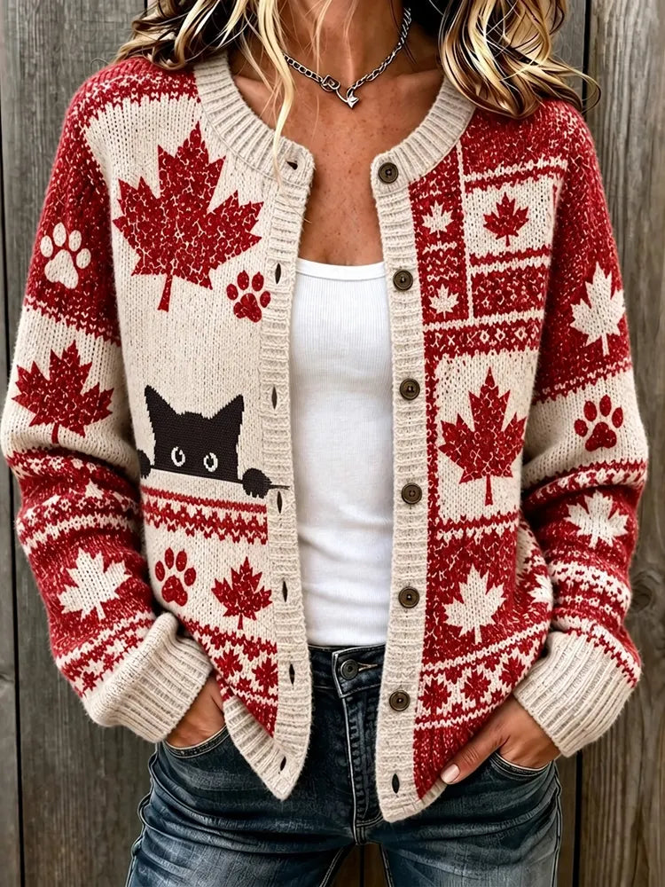 Women's Cute Cat And Maple Leaf Jacquard Knit Cardigan