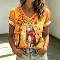 Women's  Cute Cat And Maple Leaf Print Casual T-shirt