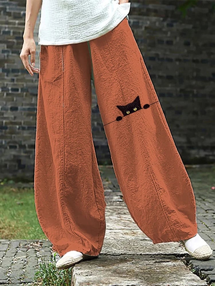 Women's Fun Black Cat Print Woven Pants