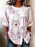 🐾 Buy 3 Save 10%🐱Women's Denim Cat Portrait Patchwork Art Print Casual Top💛100% For Shelter Pets🐱🐶
