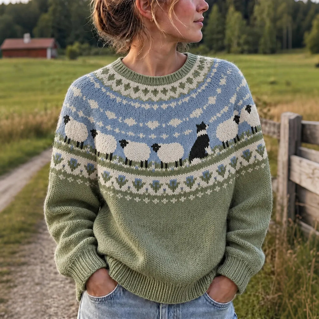 Women's Retro Farm Border Collie With Sheep Patterns Cozy Fair Isle Style Knit Sweater
