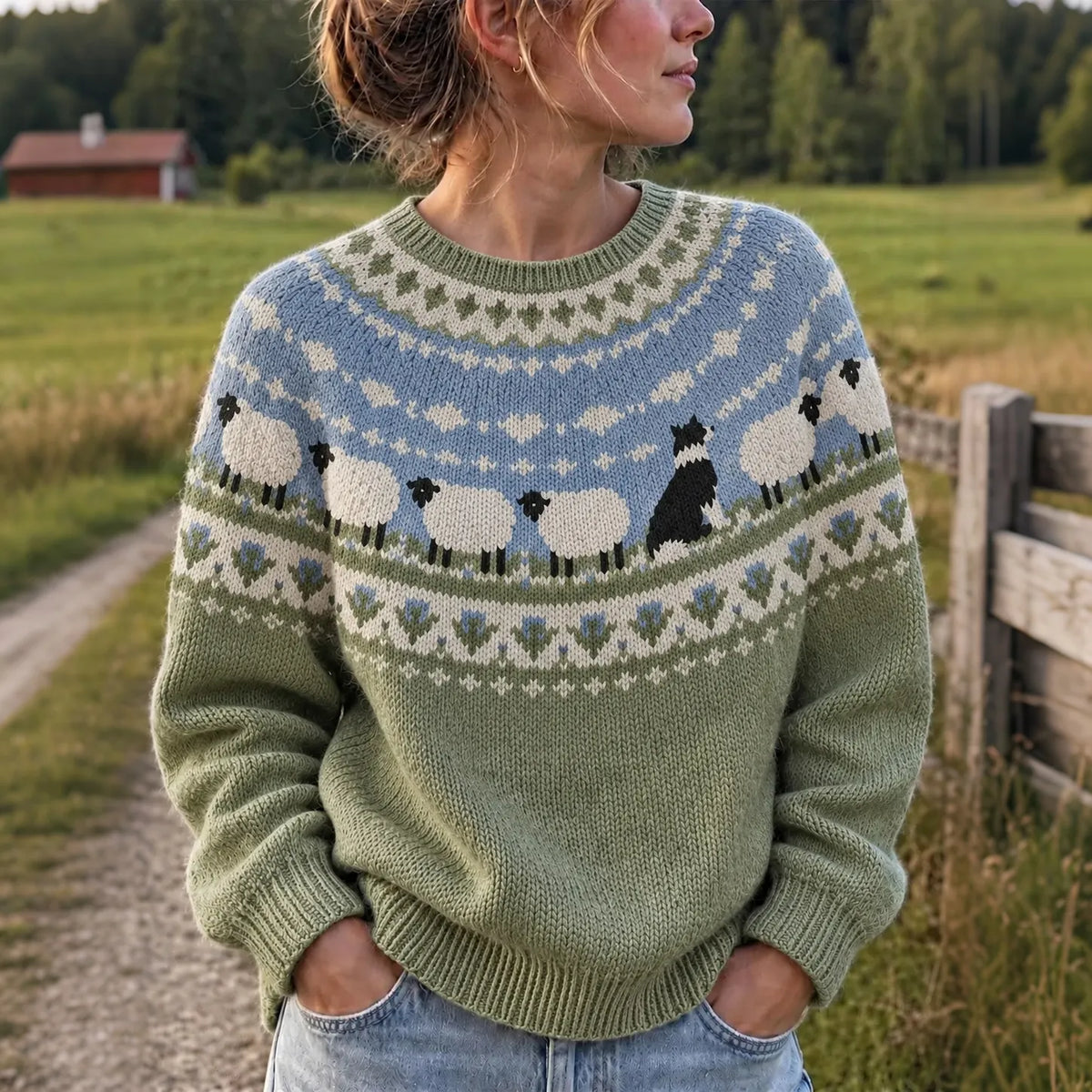 Women's Retro Farm Border Collie With Sheep Patterns Cozy Fair Isle Style Knit Sweater