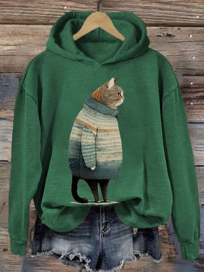 Women's Winter Cat Print Casual Hooded Sweatshirt