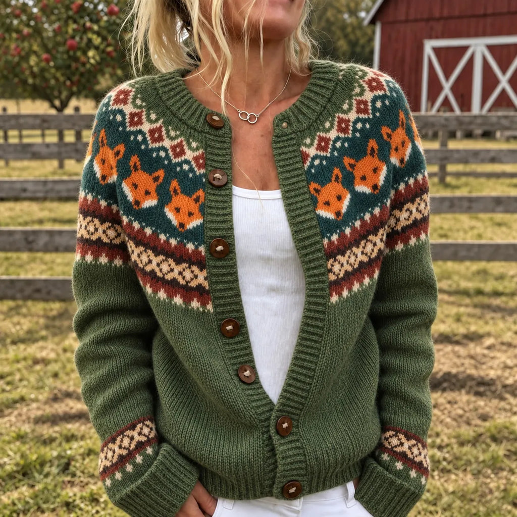 Women's Vintage Fox Pattern Cozy Knit Cardigan
