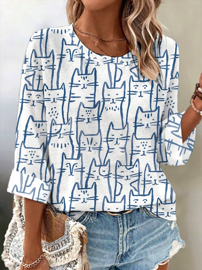 🐾Buy 3 Save 10%🐱Women's Retro Funny Animal Cat Print Shirt💛100% For Shelter Pets🐱🐶