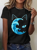 Women's Blue Wave&Cat Print T-Shirt