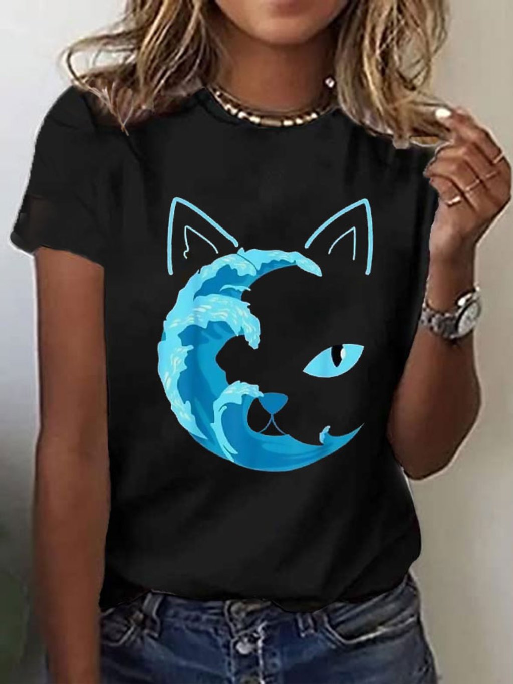 Women's Blue Wave&Cat Print T-Shirt
