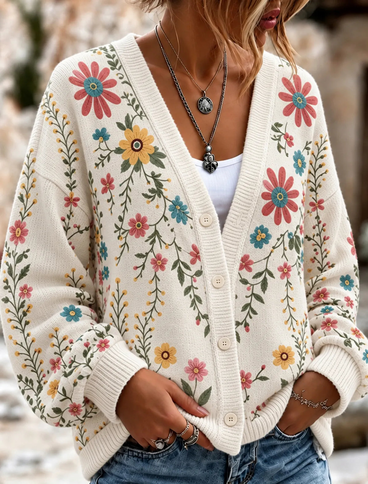 Women's Retro Floral  Pattern Art Print Casual Knit Cardigan
