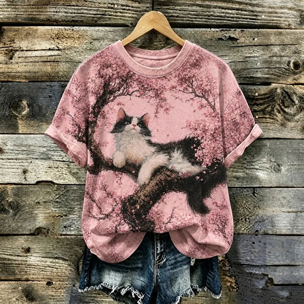 Women's Bohemian Japanese Cherry Blossom And Cat Print T-shirt