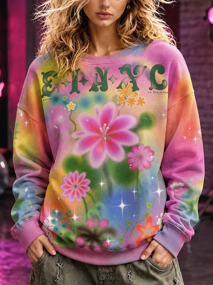 Vintage Colorful Bohemian Style Y2k Spray-painted Dreamy Floral And Star Pattern Crew Neck Sweatshirt