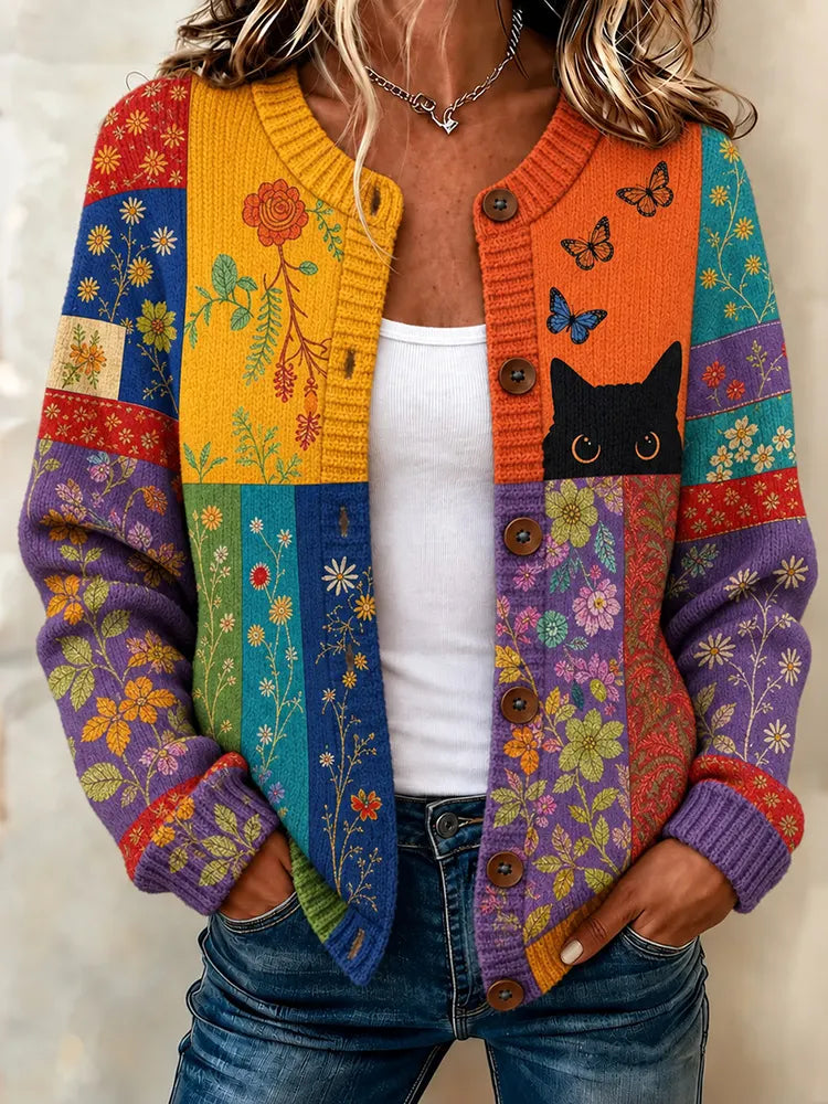 Women's Retro Colorful Black Cat With Floral Pattern Art Casual Knit Cardigan