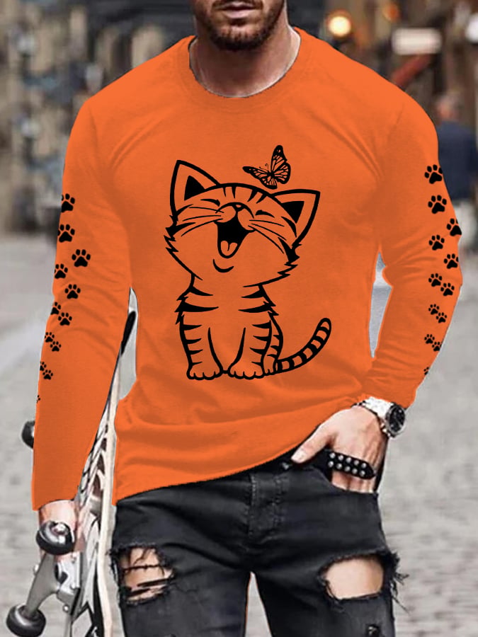 Men'S Cat Print Casual Long-Sleeved T-Shirt