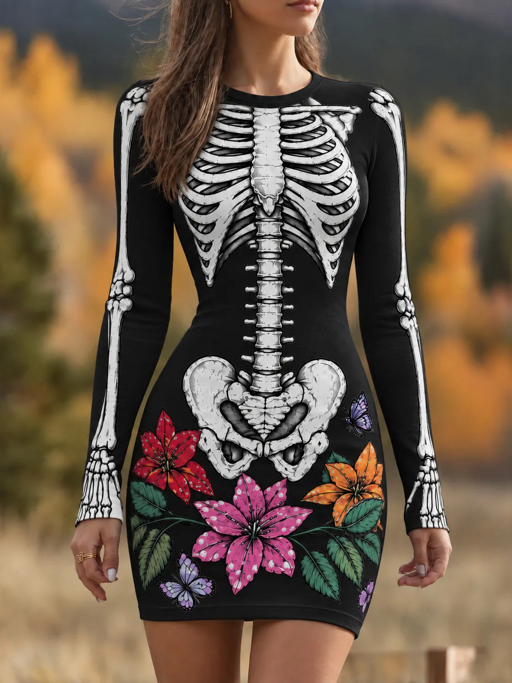 Women's Vintage Halloween Fall Skeleton Art Comfy Mini Bodycon Dress