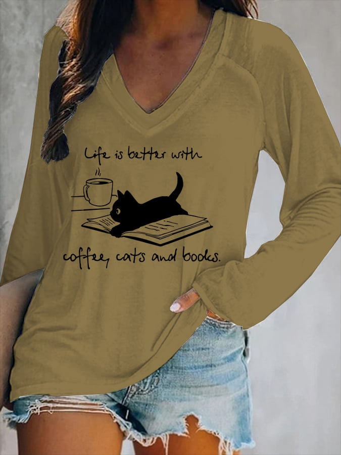 Coffee Cat And Book Print Women's Long-Sleeved V-Neck T-Shirt