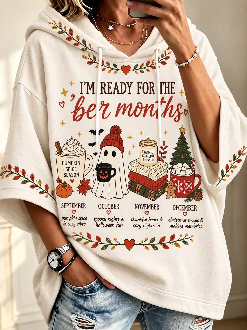 Women's I'm Ready For The 'ber Months Print Half Sleeve Casual Hoodie