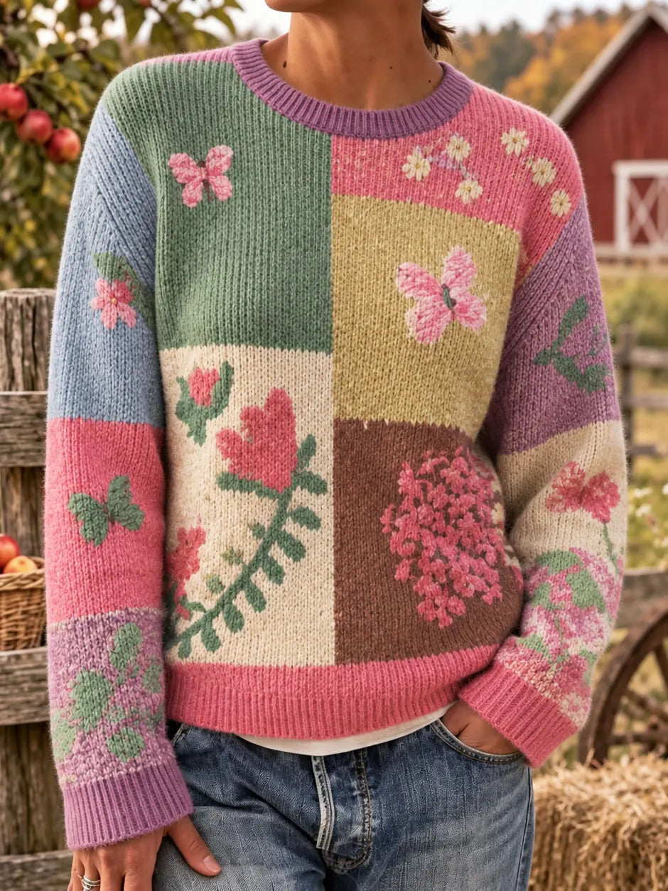 Women's Color-block Floral & Butterfly Print Knit Crew-neck Warm Sweater
