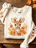 Women's Fuzzy Deer Fall Forest Plants Art Print Sweatshirt