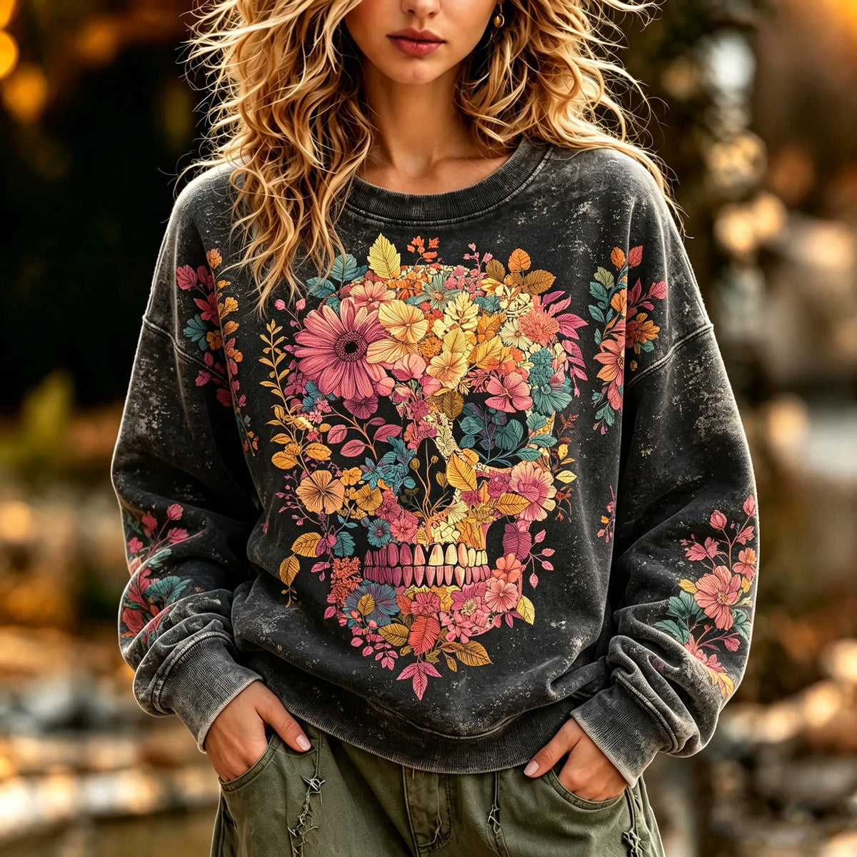 Women's Retro Hippie Boho Gothic Flowers Mineral Wash Crewneck Sweatshirt