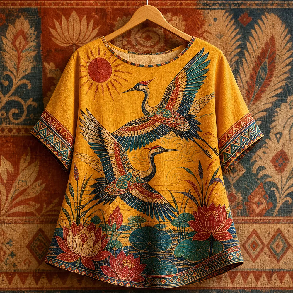 Women's Crane Sun Ethnic Print Short-sleeve T-shirt