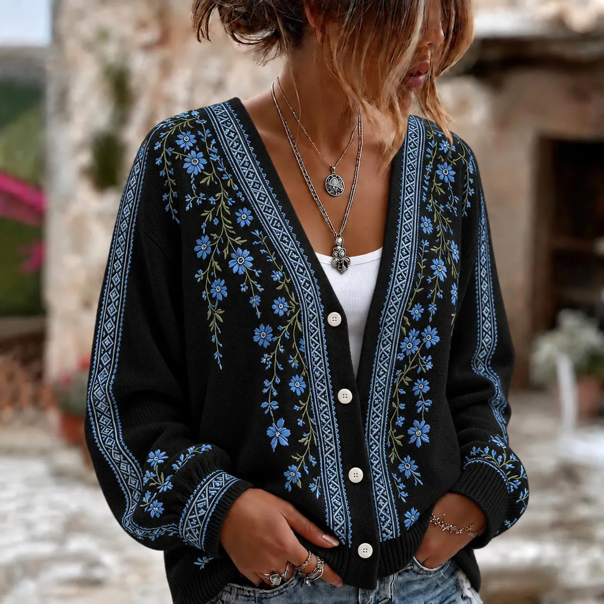 Women's Retro Floral Pattern Art Casual Knit Cardigan