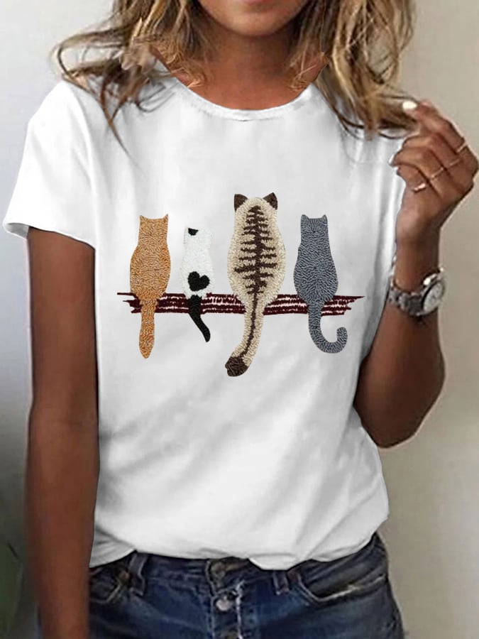 🐾 Buy 3 Save 10%🐱Women's Cat Back Pattern Printed Casual Tee💛100% For Shelter Pets🐱🐶