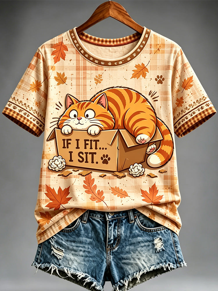 Women's Autumn Cute Cat Print Short-sleeve Crew-neck T-shirt