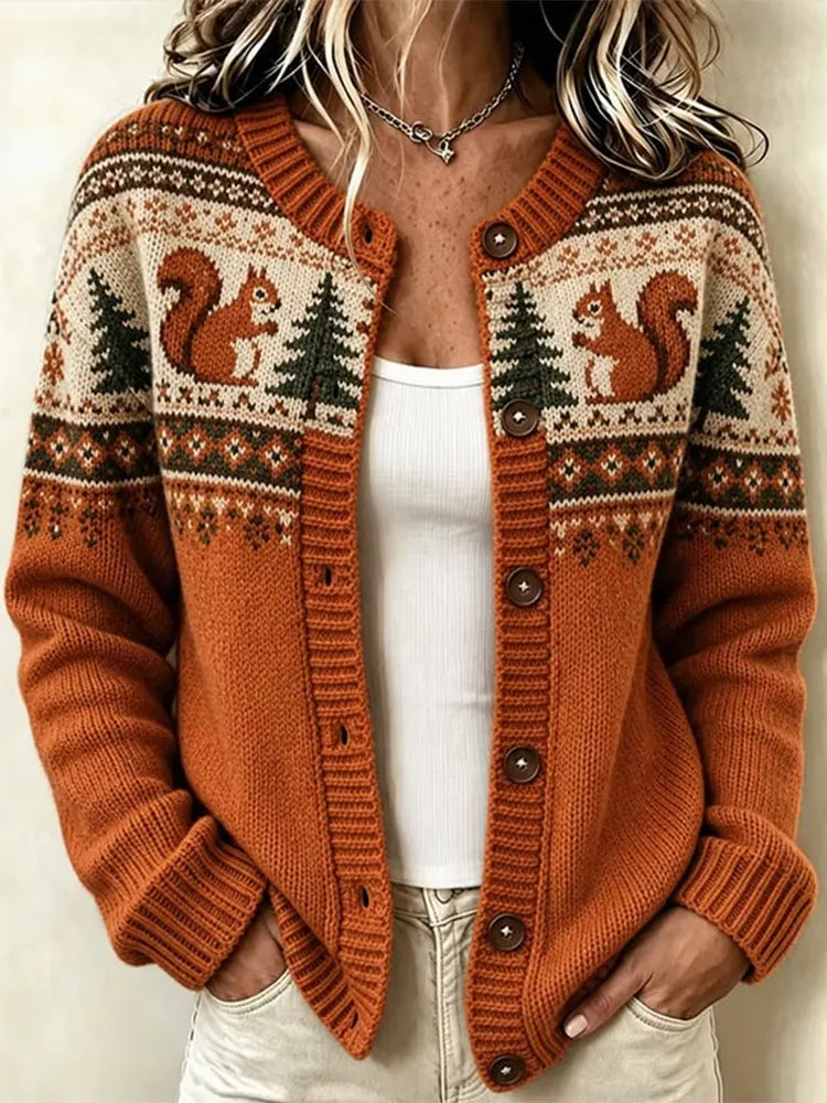 Women's Vintage Farm Squirrel Sweater Print Casual Knit Cardigan Sweater