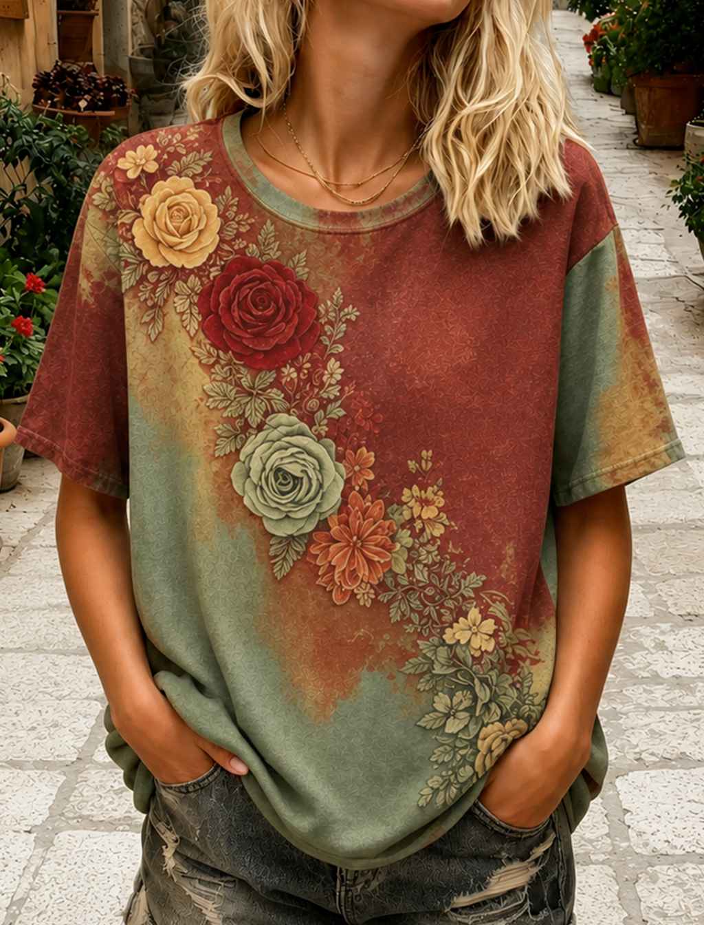The Sunset Collection Women's Classic Bohemian Floral And Rose Gradient Print Linen Blend Round Neck Short Sleeve T-shirt