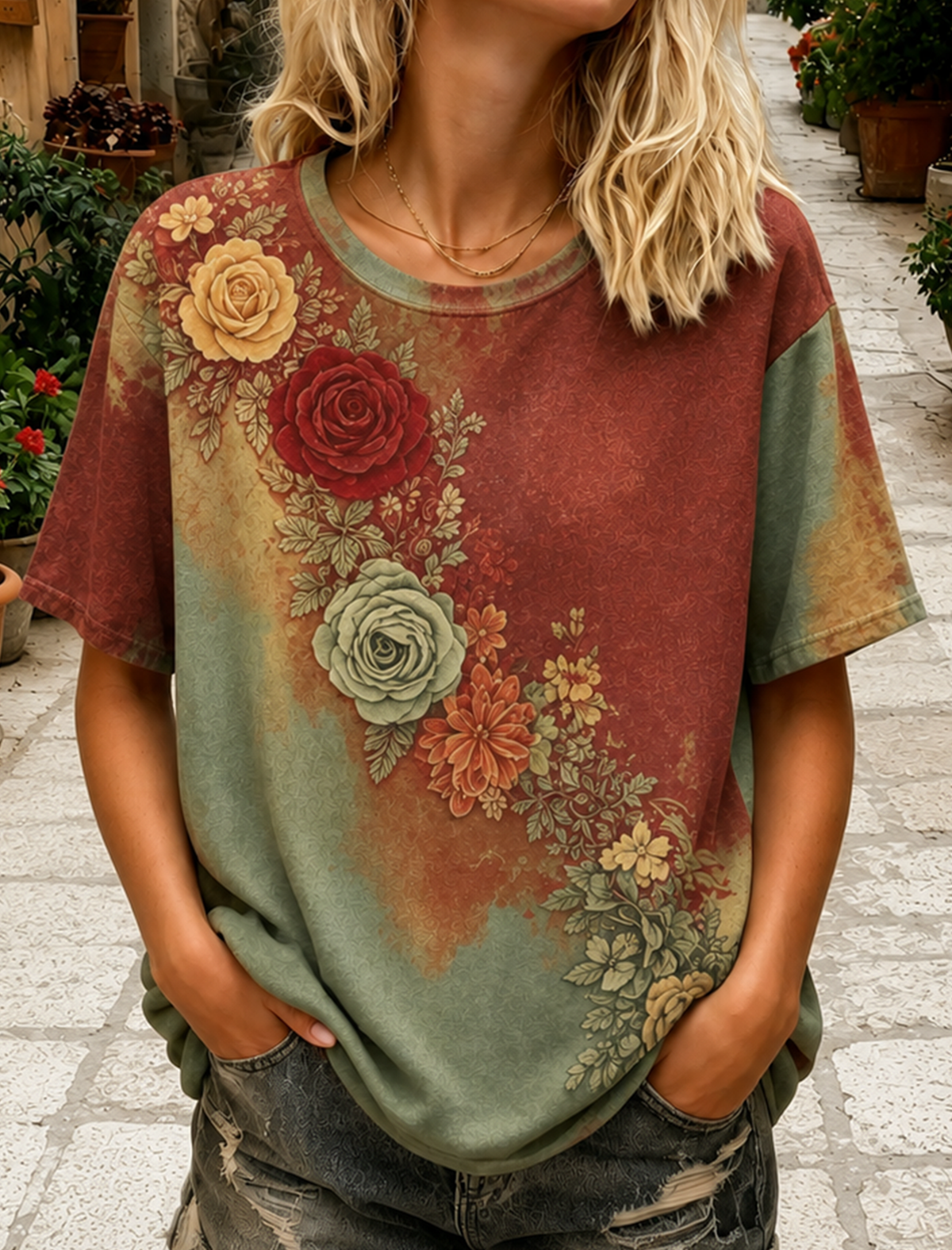 The Sunset Collection Women's Classic Bohemian Floral And Rose Gradient Print Linen Blend Round Neck Short Sleeve T-shirt