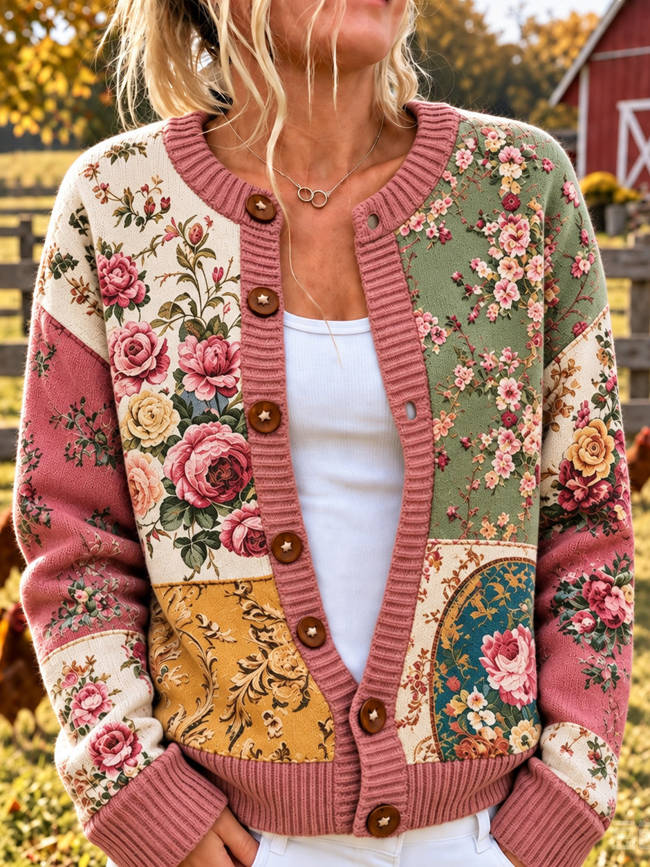 Women's Retro Rose Floral Patchwork Pattern Art Casual Knit Cardigan
