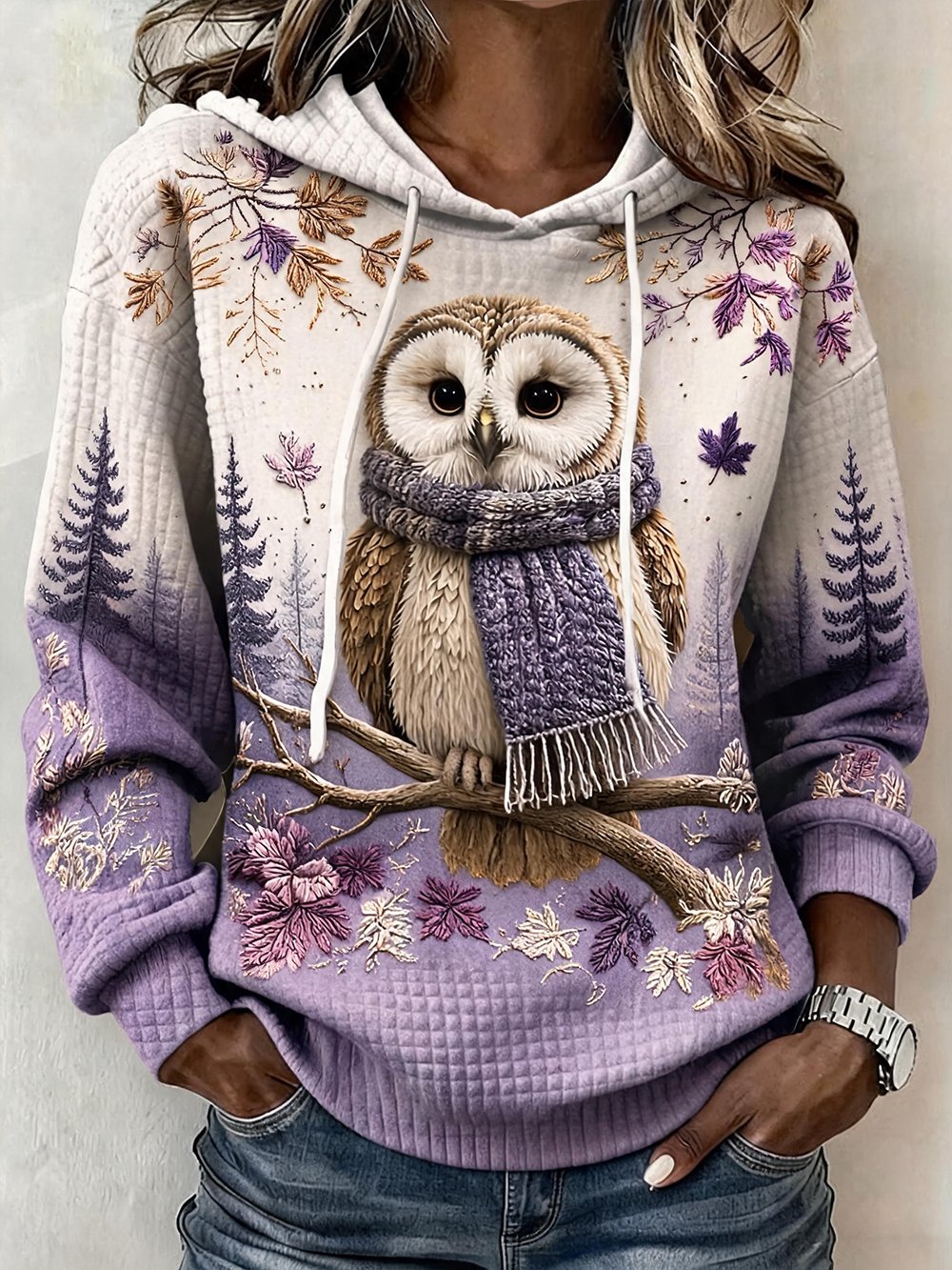 Women's Autumn Animal Print Crew Neck Long-Sleeve Waffle-Knit Hoodie