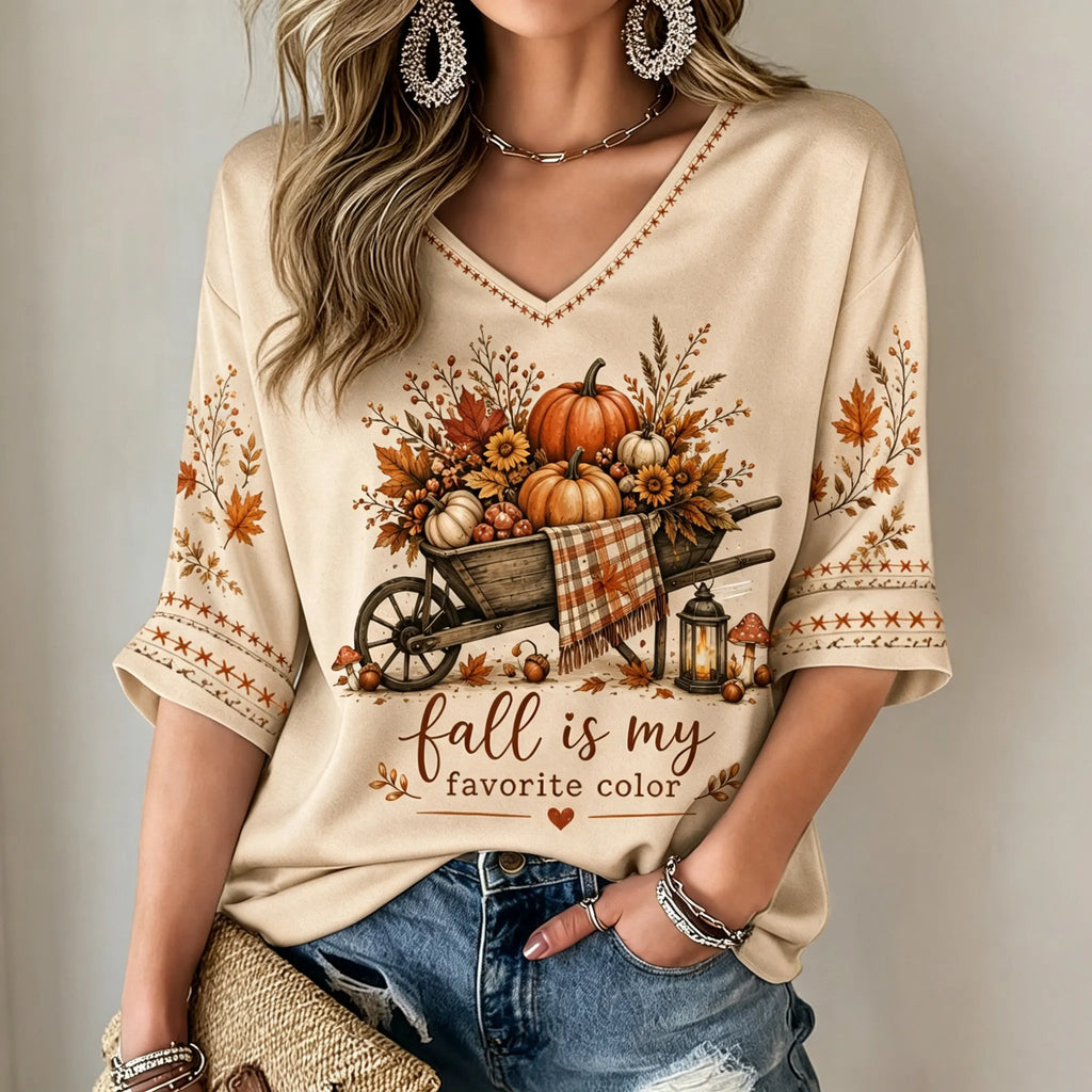 Women's Vintage Autumn Print V-neck Mid-length Sleeves T-shirt