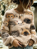 Women's Art Print Crew Neck Sweater With Kitten Lying In A Blanket