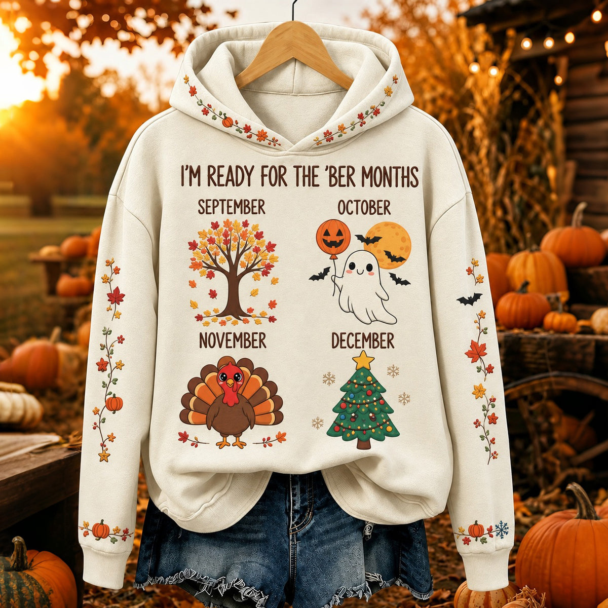 Women's I'm Ready For The Ber Months Fall Pumpkin Turkey Snowman Print Pocket Hoodie