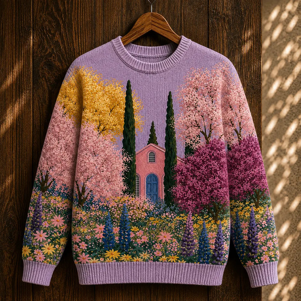 Women's Lavender Garden Graphic Knit Sweater - Pink Villa & Cypress Tree Print