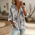 Women's Vintage Floral Art Print Flowy Linen Blend Long Sleeve Shirts