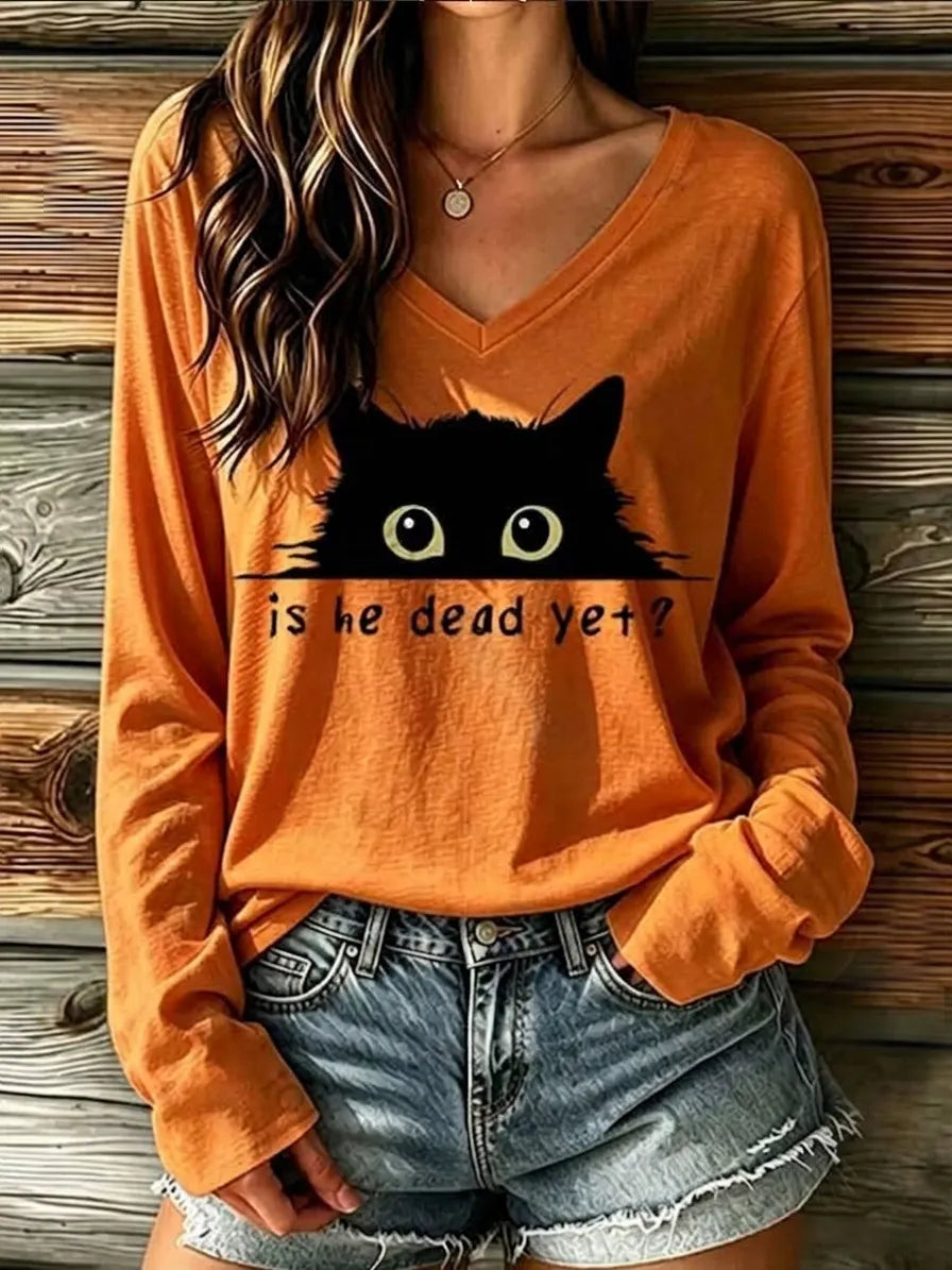 Women's Vintage Is He Dead Yet Black Cat  Print V-neck Long Sleeve T-shirt