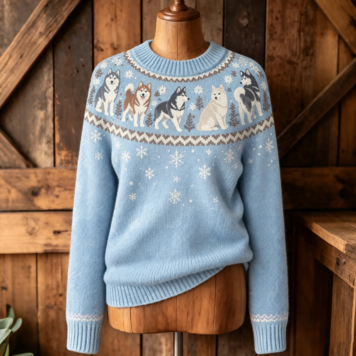 Women's Retro Siberian Husky Puppy Pattern Cozy Fair Isle Style Knit Sweater