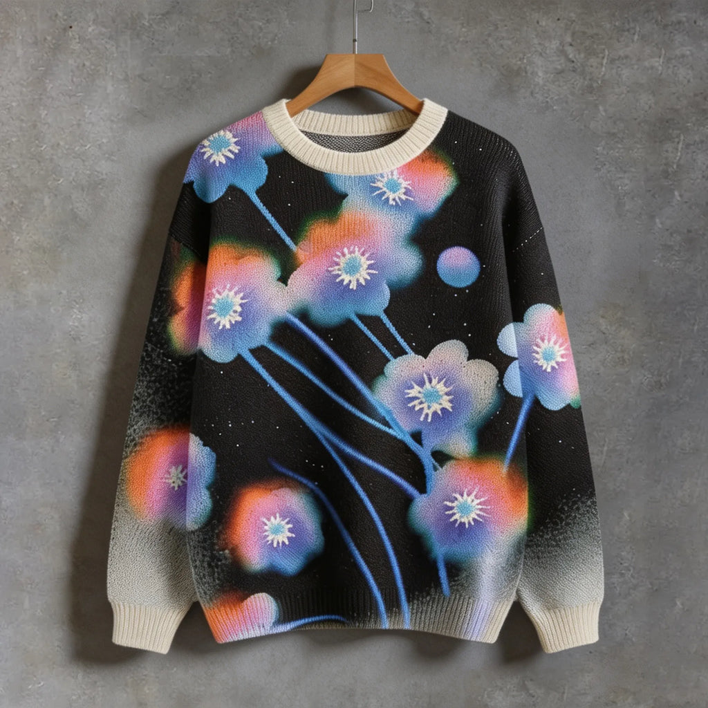 Retro Bohemian Y2k Fantasy Color Gradient Neon Floral Print Loose Crew Neck Sweater