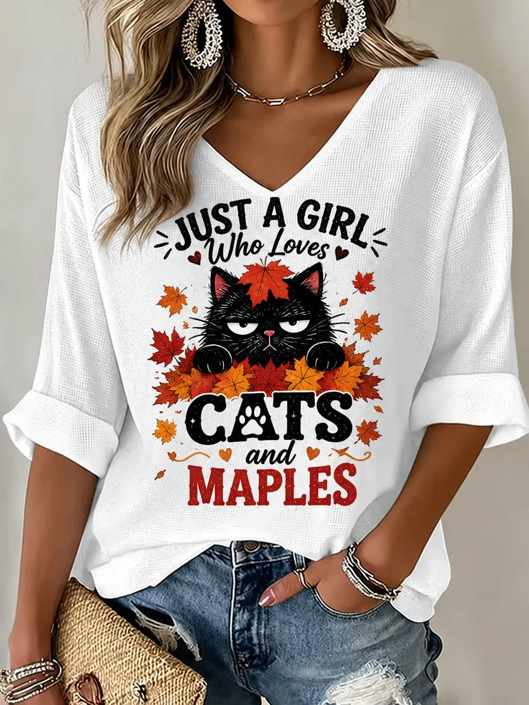 Women's Maple Leaf Black Cat Letter Print V-neck Short Sleeve T-shirt