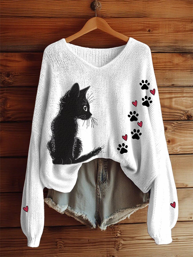 Women's Black Cat Knited Top