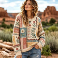 Women's Vintage Bohemian Floral Jacquard Knit Crew-neck Sweater