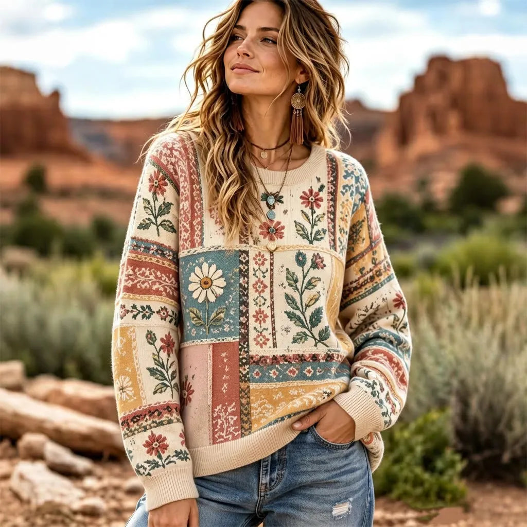 Women's Vintage Bohemian Floral Jacquard Knit Crew-neck Sweater