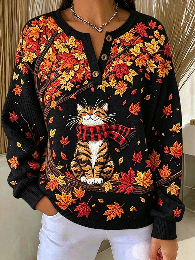 Women's Casual Print Button-Up Collar Knit Top