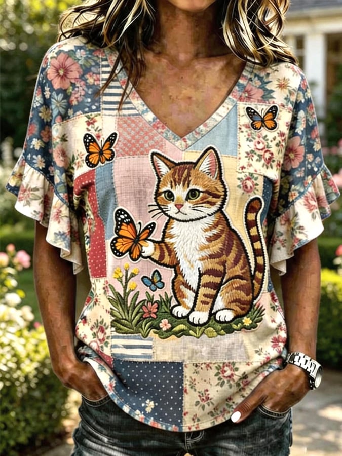 Women's Floral & Cat Print V-Neck Casual T-Shirt