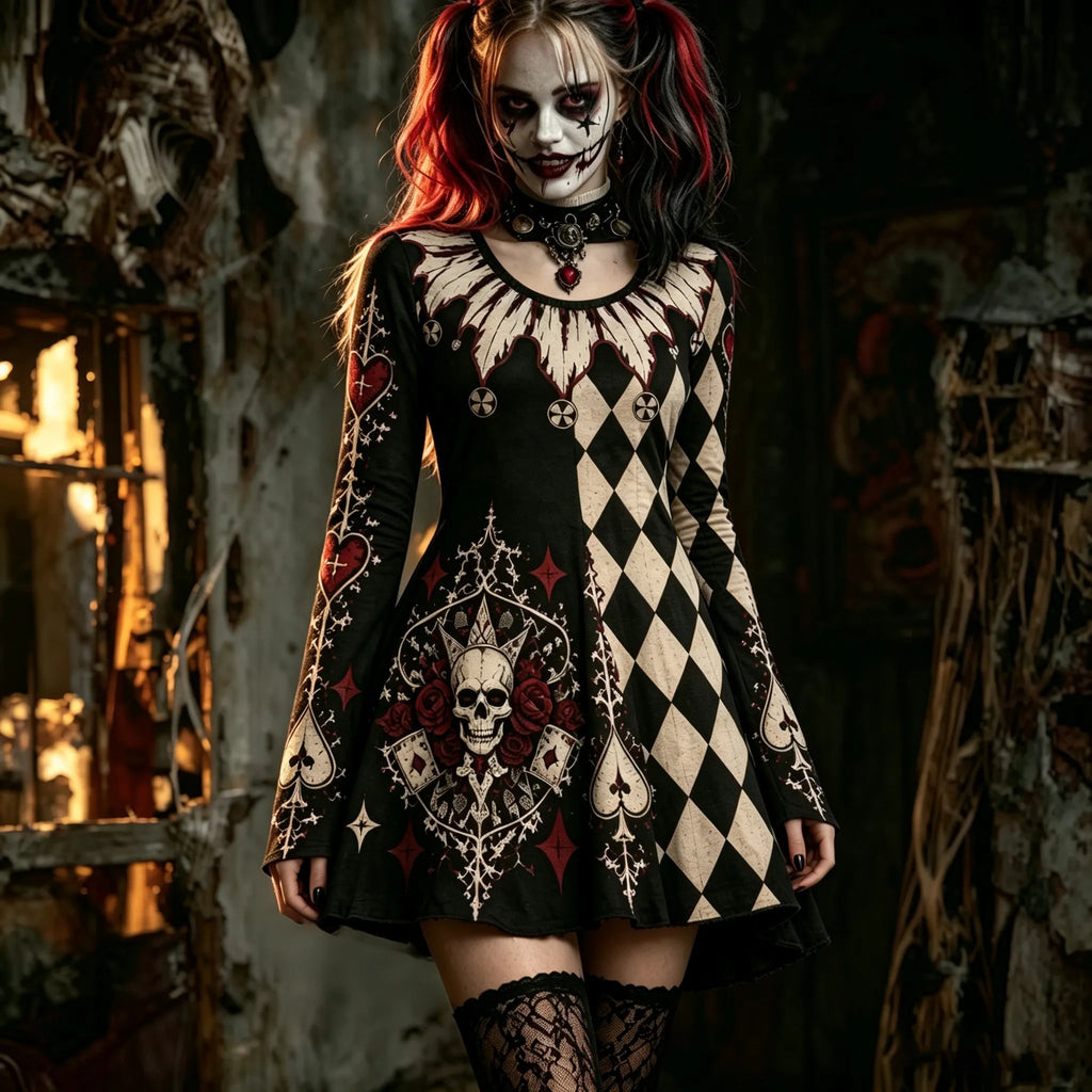 Women's Vintage Halloween Gothic Skull Poker Harlequin Art Print Comfy Mini Dress