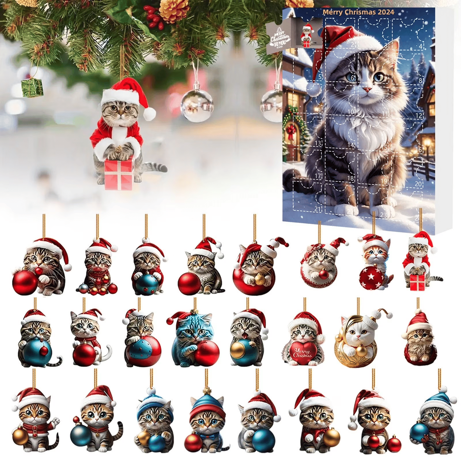 2026 Cats Advent Calendar, Advent Calendar 2026, Countdown for Cats Christmas 24 Days Christmas Advent Calendar with Hanging Decoration for Cats in 2D Acrylic(2D Acrylic Flat)